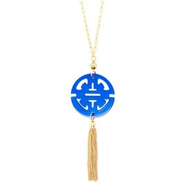 ZENZII Resin Pendant Tassel Necklace - Long Fashion Circle Acrylic Disk Charm with Gold Chain for Women (Cobalt)