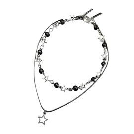 YUOIUX Double Layered Neckchain Black Bead Star Charm Necklace Adjustable PU Leather Rope Choker Accessory for Women and Girls