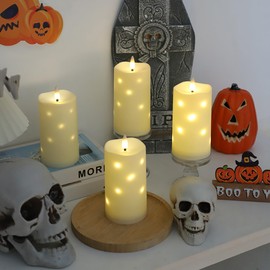 Lezonic Flameless Waterproof Outdoor Candles with Flickering Dancing Flame, 4Pcs Battery Operated Candles with Remote, Ivory LED Pillar Built-in String Lights for Patio Wedding Decor, 3.25" x 6"