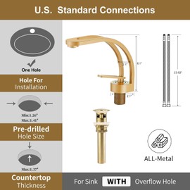 Elegant Bathroom Sink Faucet Single Hole,AUU Waterfall Vanity Sink Faucet Solid Brass,Single Handle Basin Tap with Pop Up Drian Supply Line (Frosted gold-hollow)