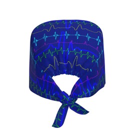 Blue ECG Lines Heartbeat Electrocardiogram Nurse Working Cap with Sweatband for Women Men, Adjustable Cleaning Working Hats, Nurse Surgical Caps(Tie Back)