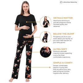 Alina Mae Maternity Nursing Pajama Sets for Pregnant Women's - Loungewear Sleepwear Breastfeeding PJs (Black, Medium)