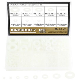 620 Pieces Nylon Flat Washers, Kindroufly 8 Sizes Plastic Washers, White Nylon Washers Assortment Kit (M2 M2.5 M3 M4 M5 M6 M8 M10)