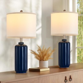Liyicha Lamp for Living Room Bedroom Lamps Farmhouse Table Lamps Set of 2 Vertical Stripe Ceramic Table Lamp,Linen Shade with Bulb, 25 in High,Navy Blue