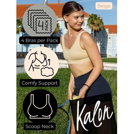 Kalon Women's 4 Pack Ribbed Bralette Crop Top Comfort Sports Bra (X-Small, Basics)