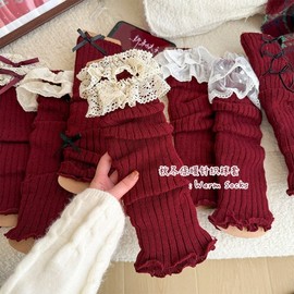 Women's Autumn/Winter Angora Red Lolita Lace New Year Slipper Socks LF1139 Free Size/Velvet Petit Ribbon-FREE 5ea