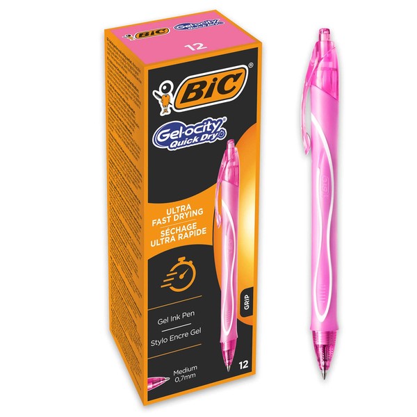 BIC Gel-ocity Quick Dry Gel Pens Medium Point (0.7mm) - Pink, Box of 12 - Retractable Ballpoint Pen with Ultra Fast Drying Ink