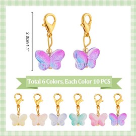 PH PandaHall 60pcs Glass Butterfly Dangle Charms, 6 Colors Clip-on Stitch Marker Charms Transparent Butterfly Pendant Charms with Lobster Clasps for Knitting DIY Earrings Necklace Jewelry