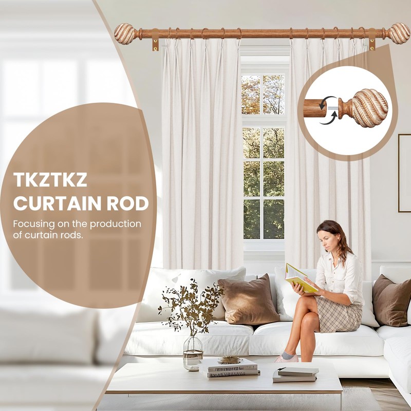 TKZTKZ Wood Curtain Rods for Windows 66-120" 2 Pack:Boho Farmhouse