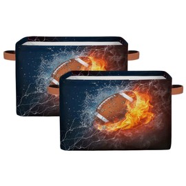YoCosy Large Storage Baskets for Organizing Shelves Sport Ball American Football Foldable Cube Storage Bins with Handles Rectangle Fabric Closet Organizers for Home Toys Clothes, 2 Pack