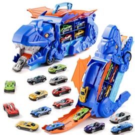 BLmukce Toddler Dinosaur Car for 3 4 5 6 Years Old Boys, Toys Truck Carrier Transporter, Foldable Race Track with 10 Die-Cast Cars, Transforms into Dino, Toddler Car Chrimas Birthday Gifts for Kids