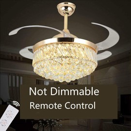 Lighting Groups 42" Retractable Reversible Crystal Ceiling Fans with Light Remote Control 4 Invisible Clear ABS Blades Livingroom Bedroom Fan Chandelier Indoor LED Ceiling Light Kits with Fans (Gold-05)