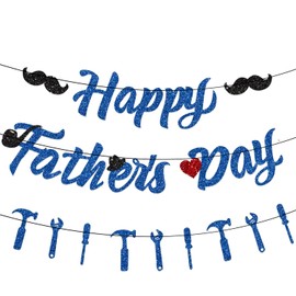 Pre-Strung Happy Fathers Day Banner Party Decorations, NO DIY Glitter Fathers Day Banner with Household Tools Garland for Step Dad Grandpa Papa Home Indoor Mantel Wall Room Photo Props Backdrop Decor