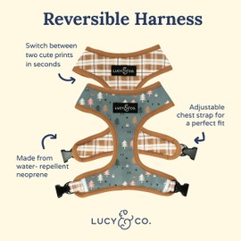 Lucy & Co. Cute Reversible Dog Harness Walking Halter - Best Designer Pet Harnesses for XS - XL Dogs - Padded Adjustable Vest for Easy Walking (Small, Neutral Brown Plaid with Blue Trees)