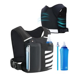 Reflective Running Vest with Water Bottle Phone Holder for Women/Men, Hydration Gear Back Pack/Backpack, Light Weight Chest Bag Run Essential Accessory for Marathon Runner Walking Trail Rucking, Black