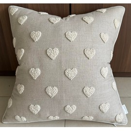 VAGMINE Hand Embroidered French Knotted Hearts Square Decorative Accent Throw Pillow Cover - Bedroom Decor, Couple Present, Valentine Gift - 18x18 Inches, Natural