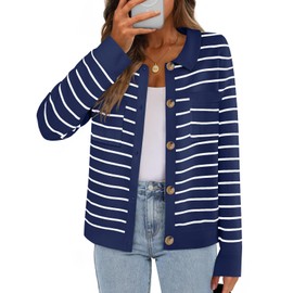 MEROKEETY Women's 2024 Fall Knit Striped Long Sleeve Sweater Open Front Button Down Cardigan, Navy, XL