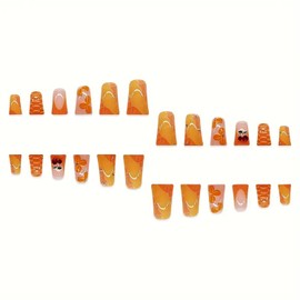 RIICFDD Duck Nail Tips Duck Nails Press on Long Fake Nails Orange French Tip Nails Flower Cherry Rhinestone Nail Charms Full Cover Duck Feet Style False Nails for Women Girls 24 Pcs