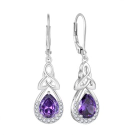 FJ Celtic Knot Dangle Drop Leverback Earrings 925 Sterling Silver Infinity Teardrop Earrings Amethyst February Earrings Irish Good Luck Jewellery for Women
