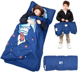 Toddler Nap mat - Nap Mat with Pillow & Fleece Blanket- 21" x 50" -Lightweight Toddler Sleeping Bag for Preschool, Daycare, Travel, Camping Ages 2-7 Years (Spaceship)
