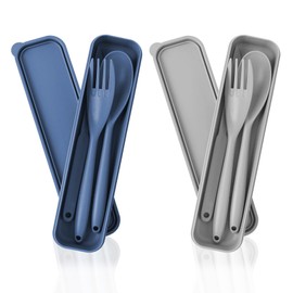 JINGIHE 2 Sets Large Reisebesteck mit Etui, Campingbesteck Set, Wiederverwendbar Outdoor Besteck,Unterwegs Plastik Besteck Messer Löffel Gabel für Lunchbox School Arbeit Picknick (Blau + Grau)