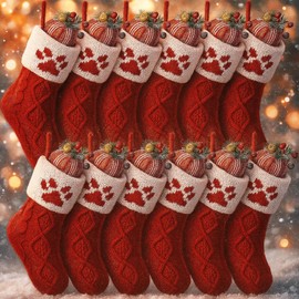 Soulchen 12 Pcs Mini Christmas Stockings Xmas Knit Fireplace Hanging Stockings 8.3 Inch Burgundy Red Paw Pattern Christmas Holding Bags for Xmas Winter Family Holiday Party Decoration