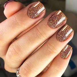 UV Press on Nails Gel Glue on Nails for Wife Friend Gift, Glossy Brown Sparkly UV False Nails with Short Square Design, Shine Manicure Art Acrylic Fake Nails Stick on Nails for Coquette Women 24Pcs