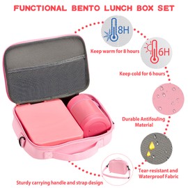 Bento Lunch Box Set for Kids with 10oz Soup Thermo, Leak-Proof Lunch Containers with 4 Compartment, Kids Thermo Hot Food Jar and Insulated Lunch Bag for Kid to School,BPA-Free(Pink)