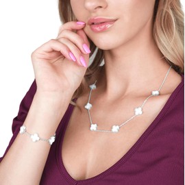 Four Leaf Clover Necklace Bracelet Earring Set for Women | 18K Gold Plated 4 Leaf Lucky Jewelry Set for Her (White Silver)