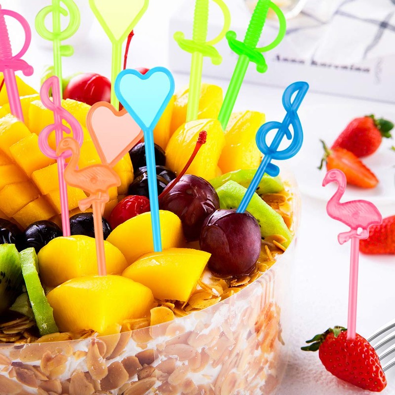 Hysagtek 200 Pcs Plastic Fruit Cocktail Appetizer Drinks Skewers Flamingo/Heart/Music