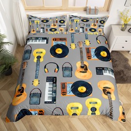 Homewish Music Instruments Bed Set Acoustic Guitar Duvet Cover, Piano Keyboards Bass Bedding Set Single Musical Theme Comforter Cover, Vintage Radio Vinyl Record Player Bed Cover Grey 2 Pieces