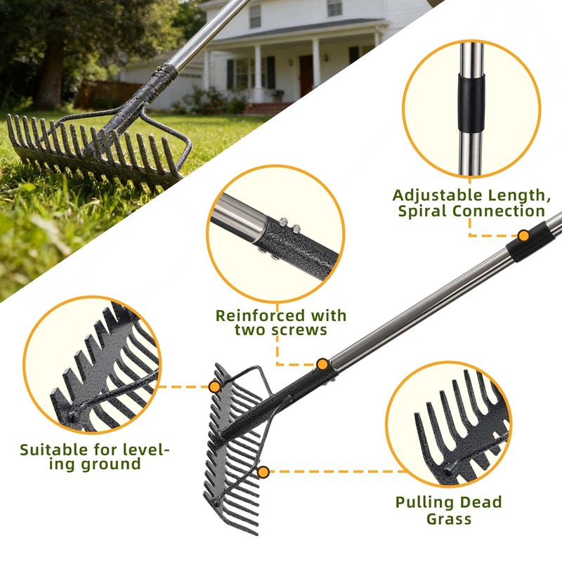 Bow Rake , 2-in-1 77in Metal Garden Lawn Rake for