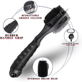 CHAMPKEY PRO Retractable Golf Club Brush | Oversized Brush Head with Soft Rubber Hand Grip & Retractable Groove Cleaner Golf Brush (Black 2 Pcs)