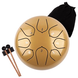 LOMUTY Steel Tongue Drum Rain Chime, 8 Notes 6 inch Rain Drum for Outside When It Rains, Chakra Drum with Bag, Mallets, Finger Picks, Percussion Instrument for Meditation Yoga Education (Gold)