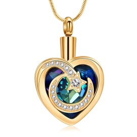QGJNSGC Cremation Jewellery for Ashes Crystal Heart Shape Urn Necklace Keepsake Stainless Steel Moon Star Pendant Memorial Gift for Women Girls, Stainless Steel