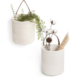Hanging Basket, 1 Pc Round Woven Closet Storage Bins, White Shelf Baskets Organizer with Handles, Kitchen Bedroom Living Room Office Organizing, 18 * 20cm