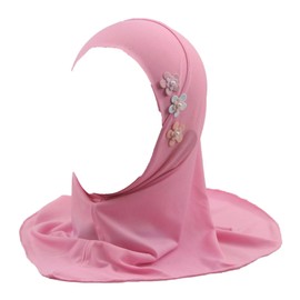 Modest Beauty Girls Muslim Hijab Arab Scarf Islamic Headscarf for Kids with 3 Flowers, Pink-3 Flowers, age 2-6
