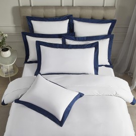 Ranznaz White Pillow Shams Queen Size Set of 2, 100% Cotton Hotel Luxury Decorative Pillow Sham with Navy Border, Soft Smooth Breathable Elegant Sateen Weave Pillowcases for Bedding 20x30