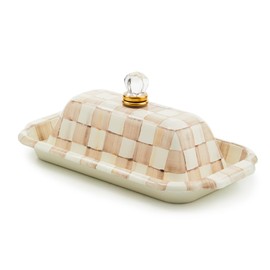 MACKENZIE-CHILDS Enamel Butter Box, Cute Lidded Enamel Butter Dish, Brown-and-White Mocha Check