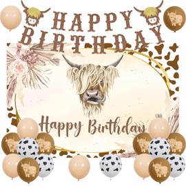 Jollyboom Highland Cow Birthday Decorations Boy, Cow Happy Birthday Backdrop Brown Cow Print Balloons Highland Cow Happy Birthday Glitter Banner for Boy Cow Birthday Party