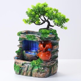 Water Fountain Rockery Ornaments with Waterfall & LED Colorful Lights, Mini Desktop Waterfall Small Rockery for Office, Home, Bedroom Desk Decoration