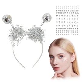 Générique 1 x Disco Ball Headband Round Swing Ball Toy Headband 1 Set Face Stickers (Stars, Moon) Disco Ball Headpiece Party Supplies Holiday Head