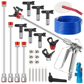 22Pcs Airless Spray Gun Kit, Airless Paint Sprayer Gun with 50ft Hose, 6 Reversible Tips (211-623), 4 Extension Rods, 6 Filters, 2 Nozzle Seats, Wheel & Spray Guide-3600PSI for Indoor/Outdoor Painting