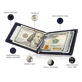 Kingly Mens Cash Clip Wallet Leather | Minimalist Wallet for Men RFID Blocking | Front Pocket Wallet Holds 12 Cards | Leather Wallet with Money Clip for Men | Slim Bifold Wallet for Men w/Pull Tab