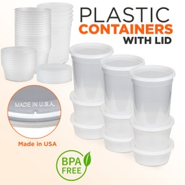 Fit Meal Prep Food Storage Containers with Lids, Round Plastic Deli Cups, Assorted 8 16 32 oz Pint Quart, Leak Proof Airtight, Microwave & Dishwasher Safe, Stackable, Reusable, White, 36 Pack, 3 Sizes