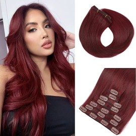 Clip in Hair Extensions Real Human Hair 20 Inch Wine Red 99J Seamless Clip in Hair Extensions Burgundy Human Hair 120g Full Head Silky Straight Long 7Pcs Human Hair Clip in Extensions for Black Women