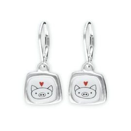Mark Poulin Sterling Silver Pig Dangle Earrings on Lever Backs - Sterling and Enamel Pig Jewelry