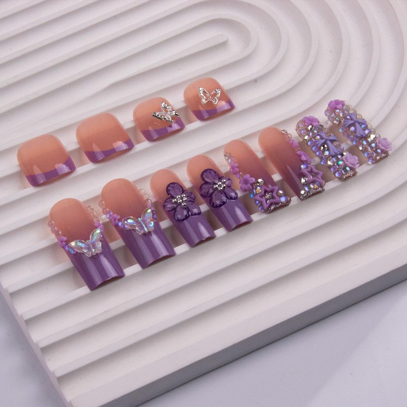 48Pcs Square Press on Nails Long & Press on Toenails