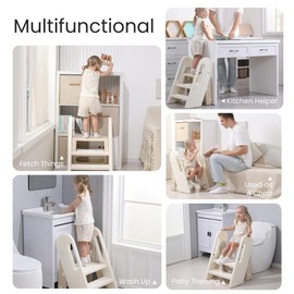 hoopyosms Toddler Step Stool for Bathroom Sink Kids Foldable Toilet Potty Training Stool Adjustable 3 to 2 Stool with Handrail Baby Kitchen Helper Children Step Ladder with Non-Slip Pads, Khaki