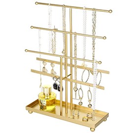 MyGift Soporte organizador para joyería, collares y pulseras, hecho de metal en color dorado tiene 5 niveles y una bandeja para anillos